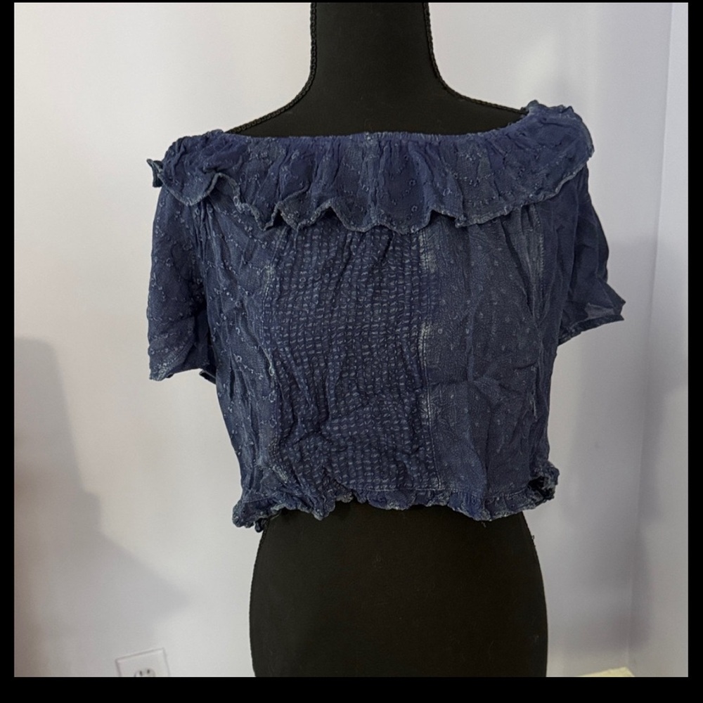 Young Threads Blue Off-Shoulder Top with Ruffled Neckline